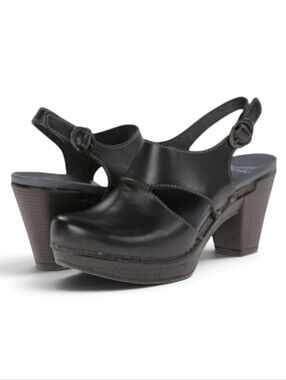 Dansko Riley Black Leather Slingback Clog Heels